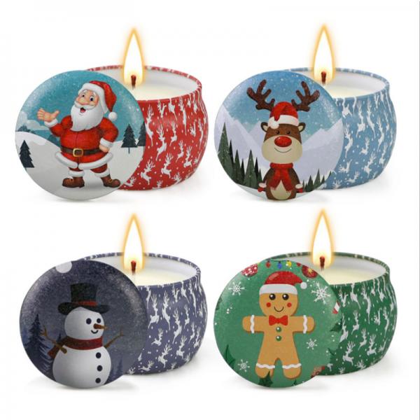 Cheap Scented Soy Wax Cute Pattern Christmas Tin Candles Jar With Metal Lid Lightweight for sale