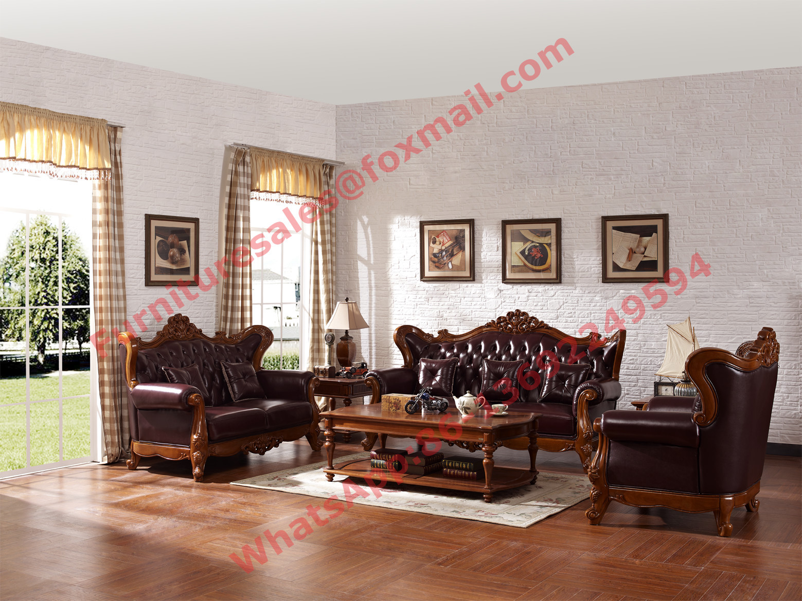 Best European Classic Solid Wooden Carving Frame with Italy Leather Upholstery Sofa Set wholesale