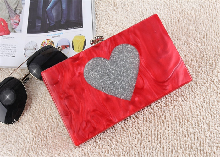 Best Wedding Hard Case Acrylic Clutch Bags , Ladies Red Clutch Bag With Silver Heart Glitter wholesale