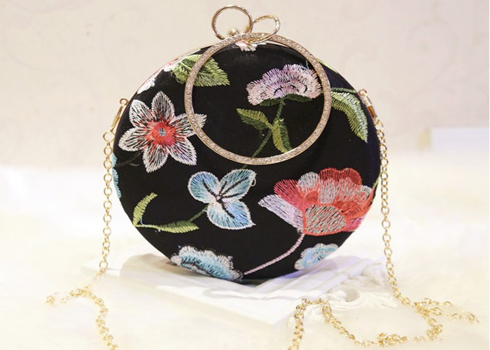 Best Ladies Round Shape Black Embroidered Evening Bag With Crystal Handle wholesale