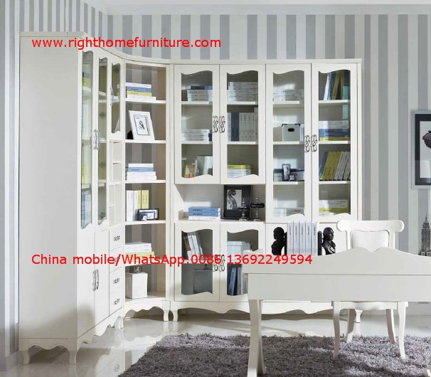 Best Reading room Neoclassical Furniture by White Bookcase set with glass door and Computer working desk wholesale