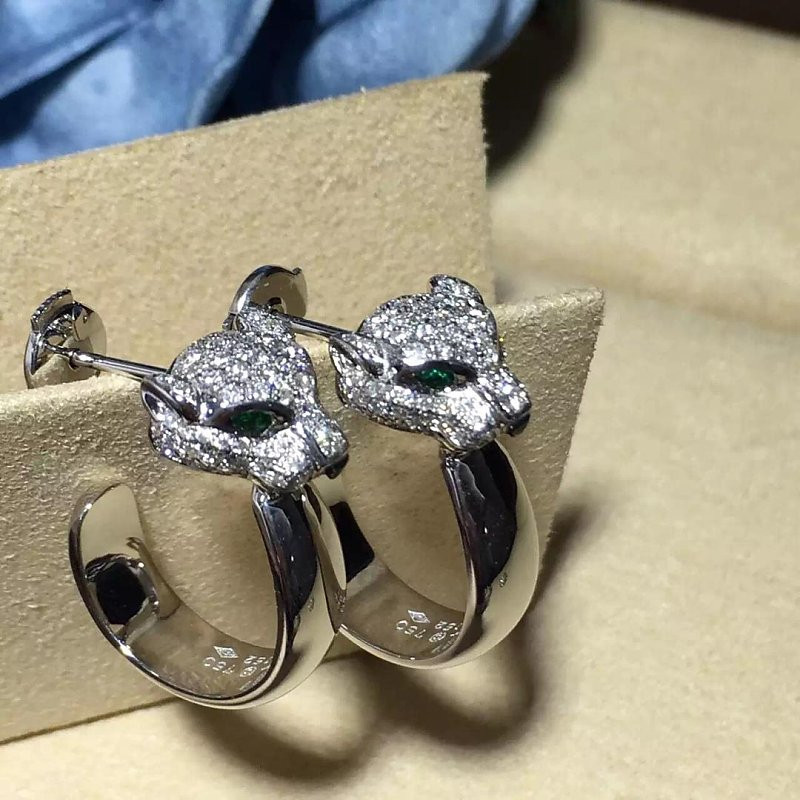 Emeralds  Diamond Earrings , 18K White Gold Diamond Earrings With Panther Shape