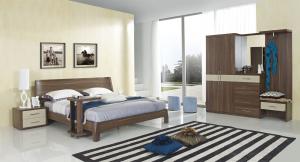 Best Walnut wood home bedroom furniture sets by curved headboard bed and full mirror stand wholesale