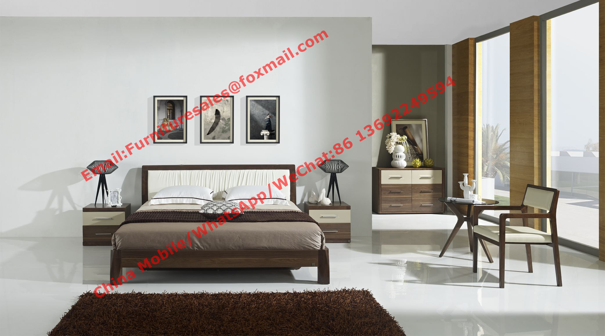 Best Classic Walnut wooden bedroom set by leather headboard and Flat Bedstead for mattress wholesale