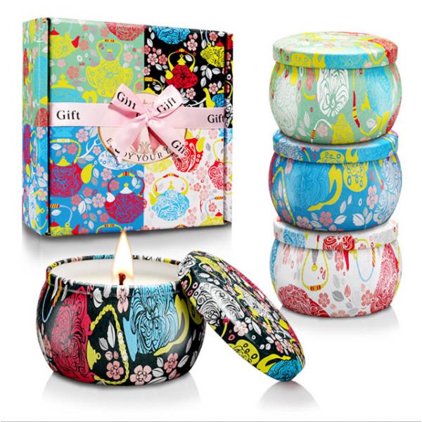 Cheap Custom Retro Patterns Travel Metal Jar Scented Candle Tin Candle Gift Sets for sale