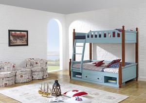 Best Sky blue painting bunk bed for children bedroom in solid wood frame and MDF plate with storage drawers in apartment furn wholesale