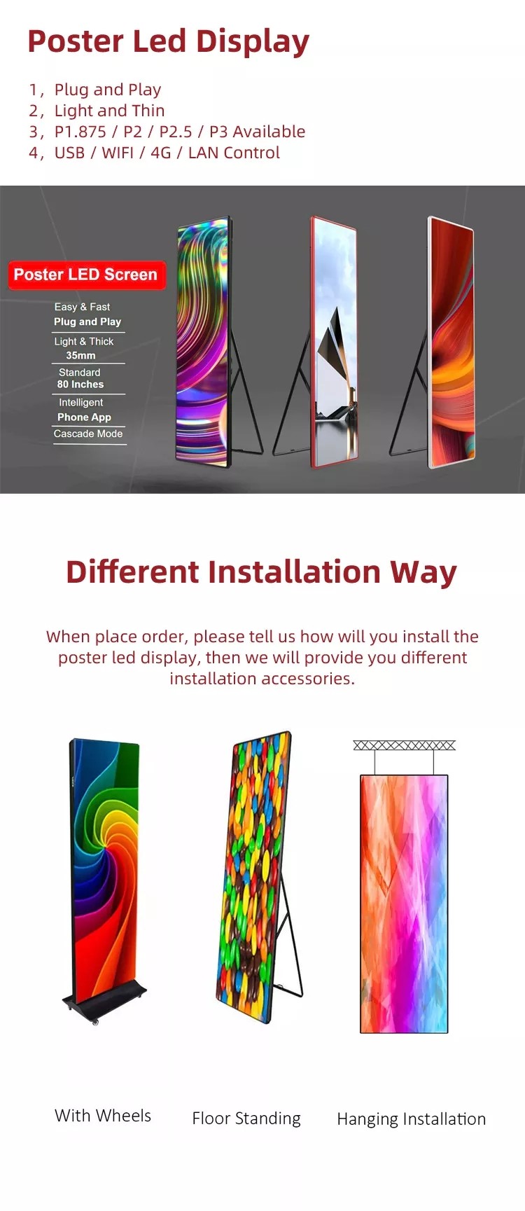 China SMD2121 Portable Poster Display Stands P2.5 Full Color For Exhibitions Airports Stations on sale