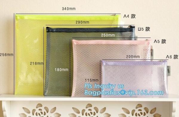 Cheap Mesh PVC Document File Bags With Zipper Closure A4 A5 A6 Size File Packing Bags, A5 B5 zipper mesh file bags, slider zip for sale
