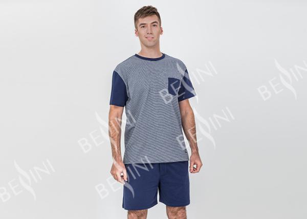 Cheap Mens Cotton Jersey Round Neck Tee and Short Pants Pyjamas Set Functional Placket Side Pockets Jacquard Elastic for sale