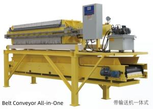 Integrated filter press with conveyor for solid-liquid separation of various suspensions