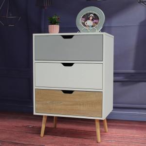 China Colorful Particle Board Assembled Timber Bedside Table 3 Drawers for Bedroom on sale