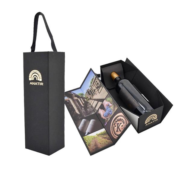 Cheap Black Flat Foldable Wine Bottle Packaging Box with UV Finish for sale