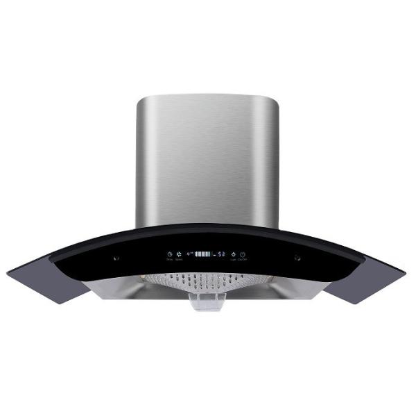 Cheap Stainless Steel Glass Arc Shaped Electric Kitchen Range Hood Low Noise App Controlled for sale