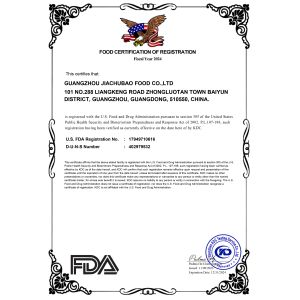 Guangzhou Jiachubao Food Co., Ltd. Certifications