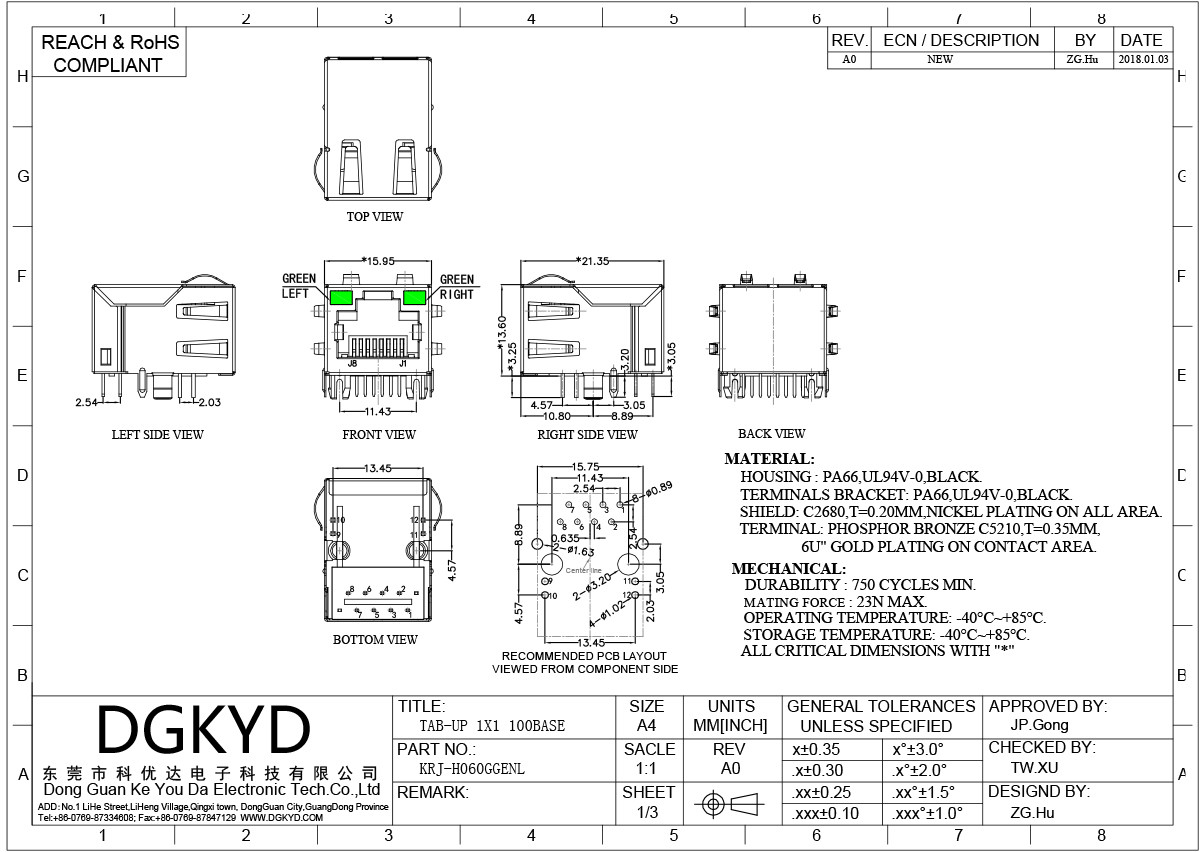 KRJ-H060GGENL Single Port RJ45 Connector 100Mbps Ethernet Transformer With Light Strip Card Network Interface