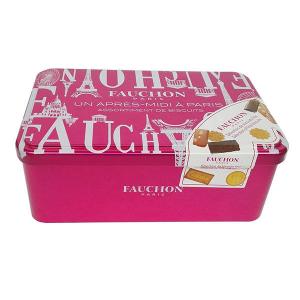 China Custom Rectangular Tin Boxes for Cookie CYMK Printed Metal Cookie Tins Hinged Tin Containers on sale