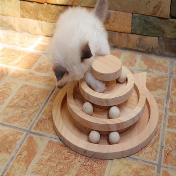 Cheap 2/3 Layers Wooden Cat Scratch Turntable Smart Track With Balls Interactive Cat Toys for sale