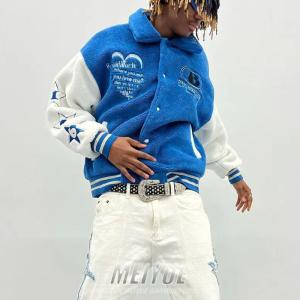 China Custom Logo Sherpa Varsity Jacket Button Up Wool Fleece Bomber Jacket Mens on sale