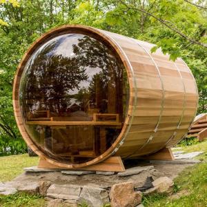 China Panoramic Window Outdoor Steam Wooden Barrel Sauna With Electric Stove on sale