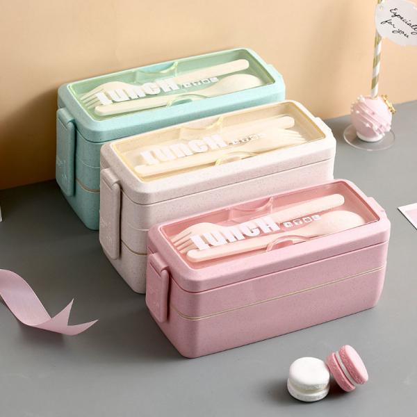 Cheap Wheat Straw Rectangle 3 Layer Multi Compartment Lunch Box With Fork And Spoon for sale