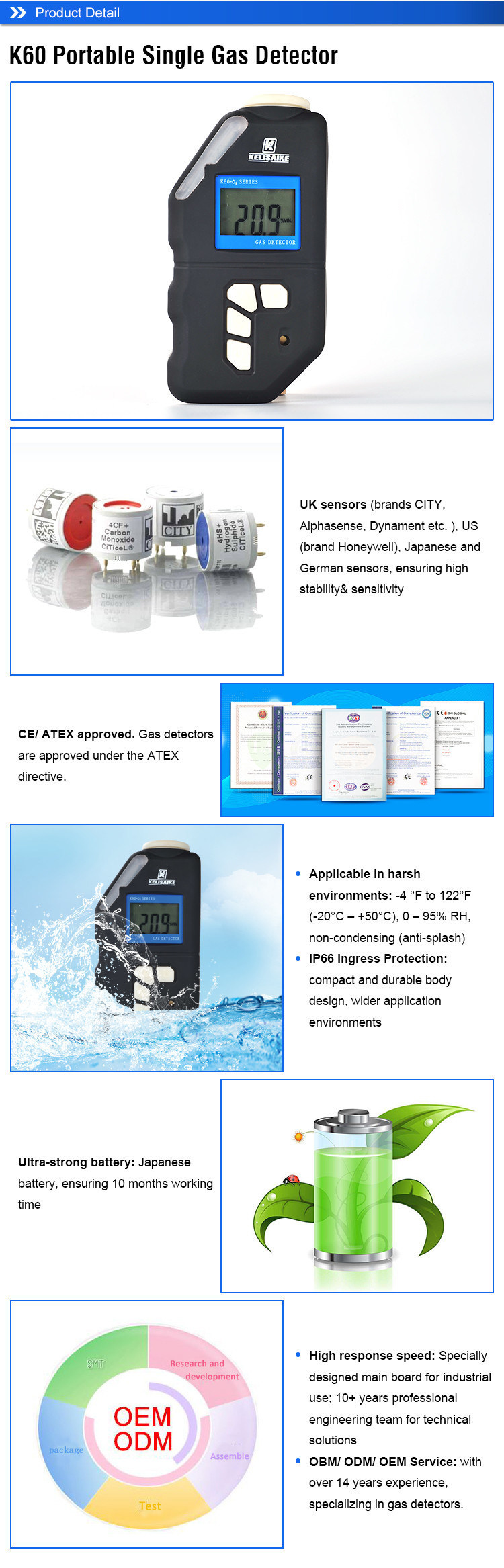 Portable O2 Gas Concentration Detector with Display and Sound-Light Alarm