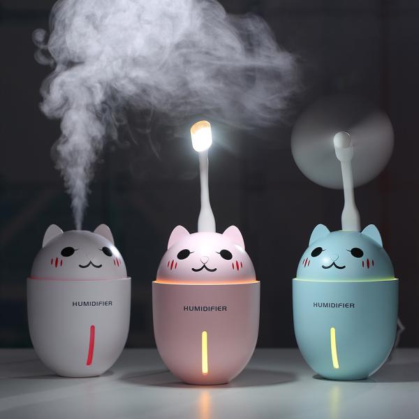 Cheap 3 in 1 320ML USB Air Humidifier Ultrasonic Cool-Mist Adorable Pet Mini Humidifier With LED Light Mini USB Fan for sale