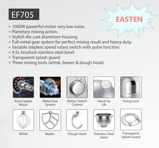 Easten 1000W Stand Mixer EF705 With Salad Maker /4.5 Liters Die Casting Stand Mixer With Meat Grinder