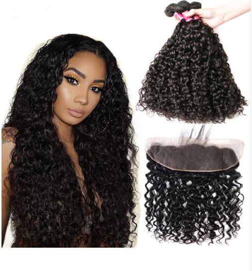 Cheap 30 Inch 100% Virgin Brazilian Curly Hair Water Wave 3 Bundles With Frontal for sale