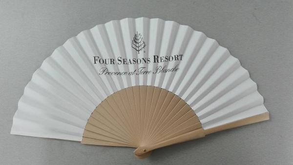 Cheap 23cm promotional hand held fan with natural  wooden handle and paper ,  can print logo or design for sale