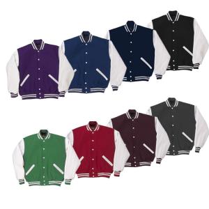 China Simple Plain Baseball Varsity Jacket Contrast Color Ribbed Design Button Front on sale