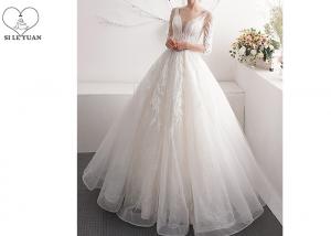 China Half Sleeve Lace Ball Gown Wedding Dress Off White Beading V - Neck Back Bandage Floor Length Dress on sale