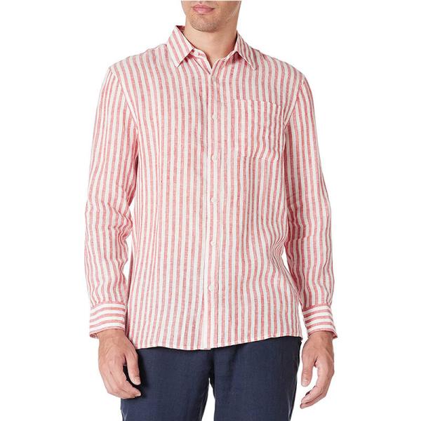 Cheap Stripe Red S M L Mens Casual Linen Shirts Open Neck Button Closure for sale
