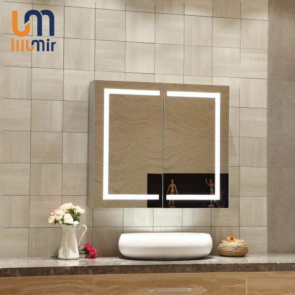 Cheap Aluminium LED Light Wall Decor Bathroom Mirror Cabinet with Touch Sensor and LED Clock for sale