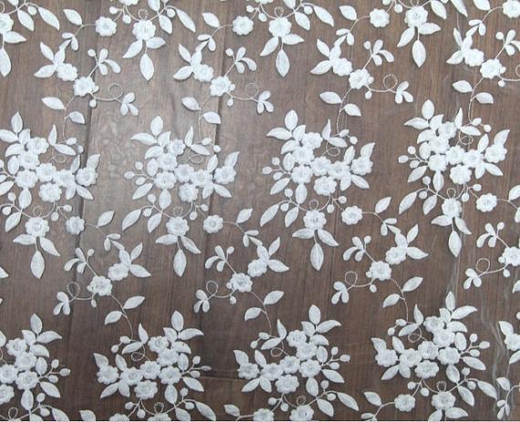 Cheap 125cm Polyester White Embroidered Mesh Lace Fabric For Wedding Dress Wholesale for sale