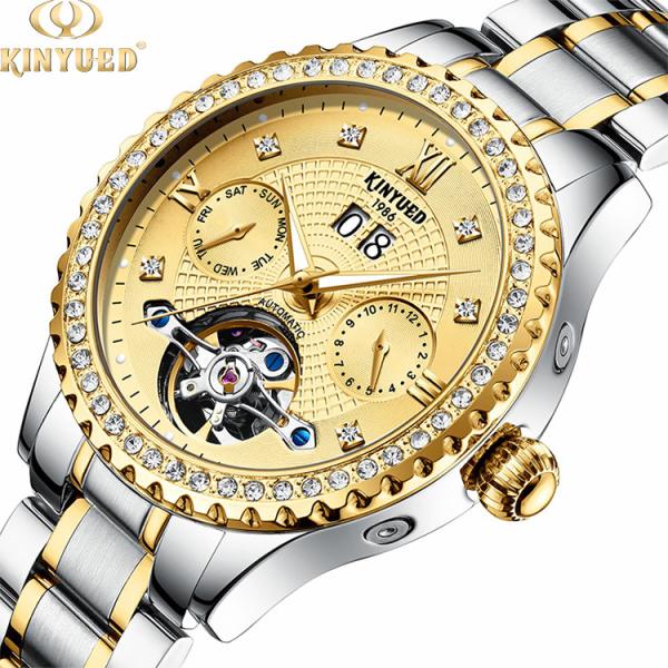 Cheap Chronograph Luxury Mechanical Watches Gold Dial 30M Daily Waterproof for sale