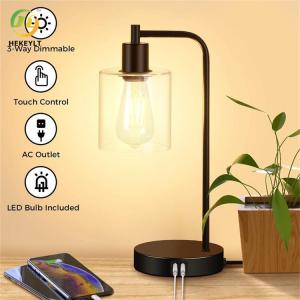 China Modern Touch Console Light with 2 USB Ports and AC Outlet with Glass Shade 3 Way Dimmable Bedside Table Light on sale