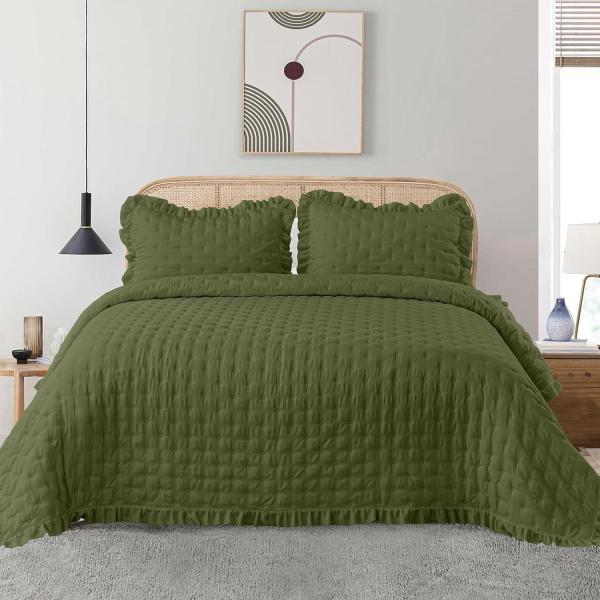 Cheap Ruffled Edge Quilted Embroidered Ultrasonic Summer Comforter 3-Piece Custom Bedspread Bedding Set for sale