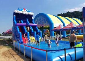 China Commercial Blue Inflatable Slip And Slide With Big Swimming Pool For Adult And Kids on sale