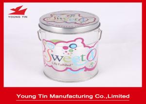 China Color Printed Empty Cylinder Round Gift PET Tin Boxes Sweets Packaging Handle Attached on sale