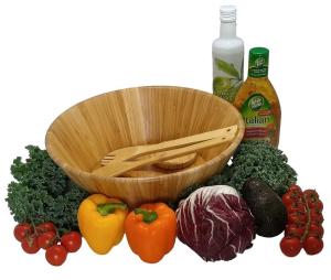 Unbreakable Bamboo Salad Set With Serving Spoons And Dressing Tray