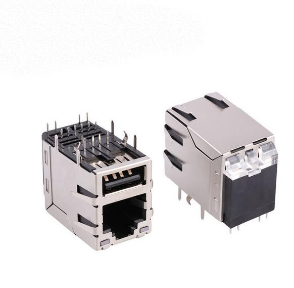 Cheap UL 94V-0 Dual USB RJ45 Modular Connector With LED for sale