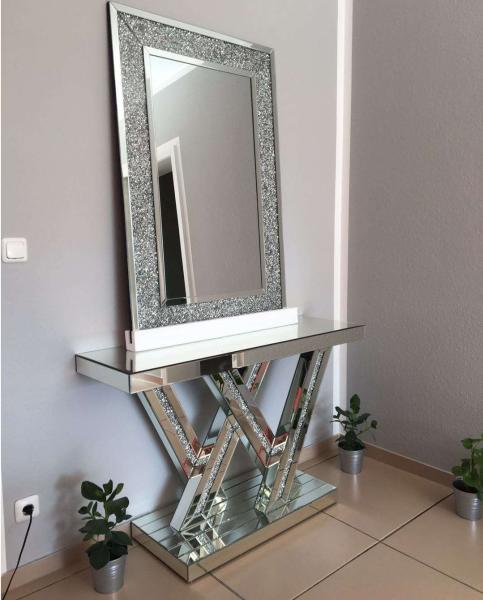 Cheap W shape Sparkly Crushed Diamond Mirored console table for sale
