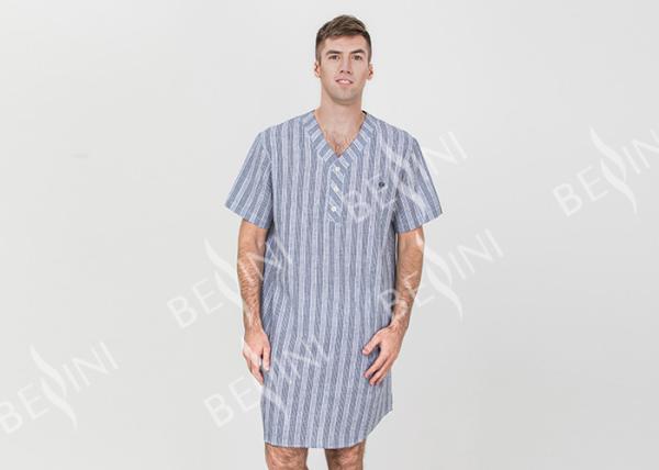 Cheap Stripeed Design Mens Short Sleeve Nightshirts Button Placket Embroidery Curved Hem for sale