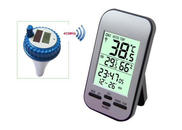 Cheap Professional Wireless Digital Swimming Pool SPA Floating Thermometer Remote Temperature Humidity Gauge with Clock MS0228 for sale