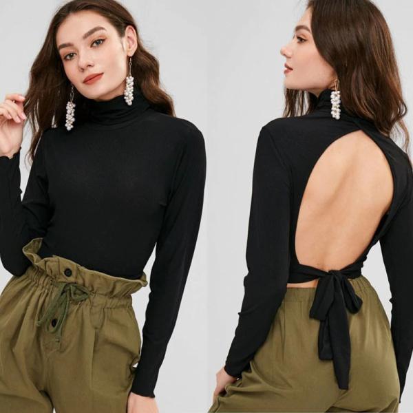 Cheap Blank Open Back Long Sleeve Ribbed Turtleneck Crop Top for sale