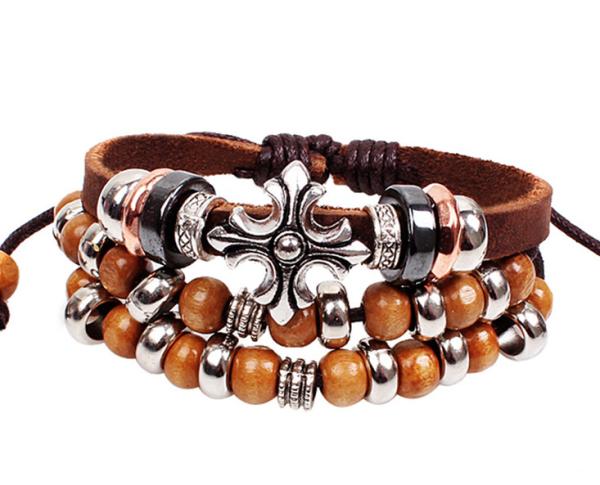 Cheap Bohemia retro cross charm leather strands bracelets for sale