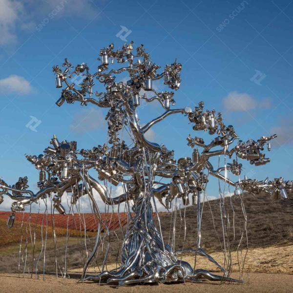 Cheap 7.6m High Mirror Polished Stainless Steel People Tree Sculpture for sale