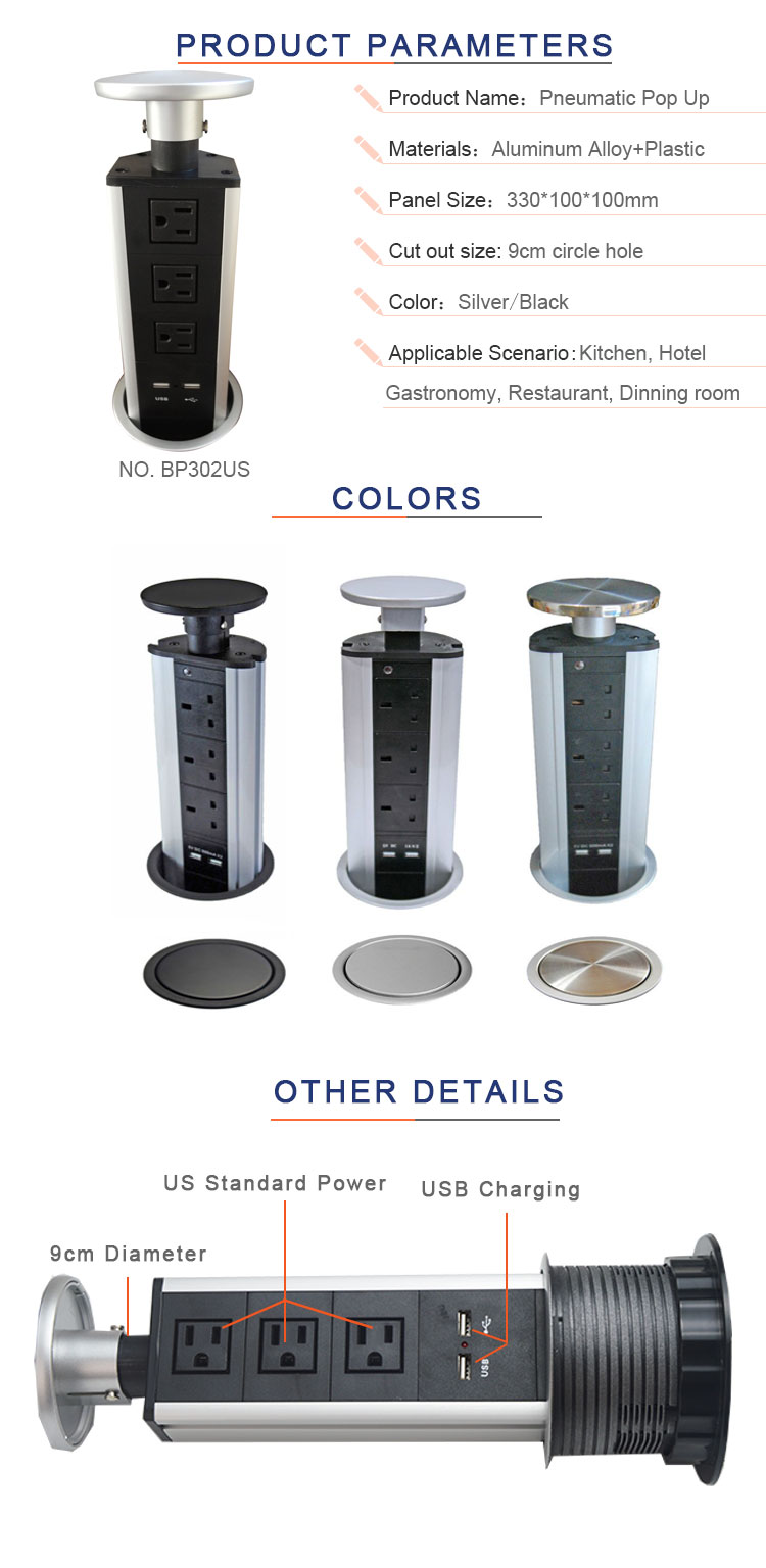 Pneumatic pop up power data hidden desktop socket for kitchen