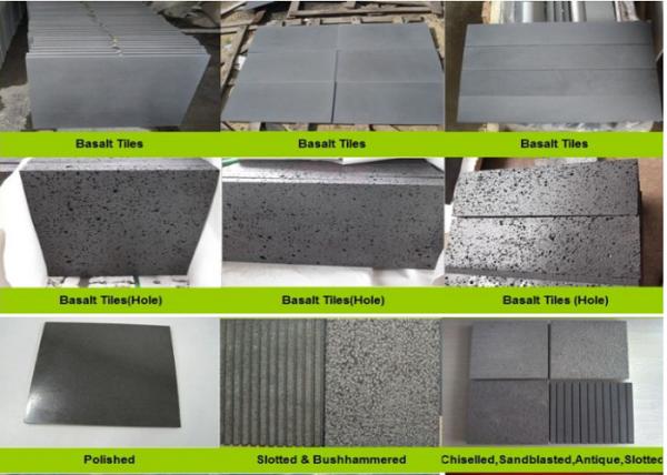 Cheap Hainan Black Lava Sands Blasted Bluestone Black Dark Basalt Flamed Grooved Natural Stone Tiles Slabs for sale
