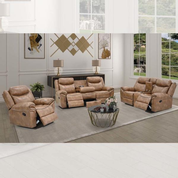 Cheap Recliner Sofa set with Dropdown Table and Drawer and Storage Box, Brown Fabric-like vinyl for sale